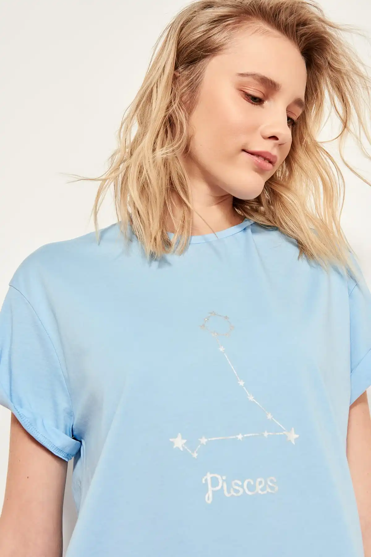 

Trendyol Turquoise Pisces Printed Pattern Knitted T-shirts Boyfriend TCLSS19GS0029