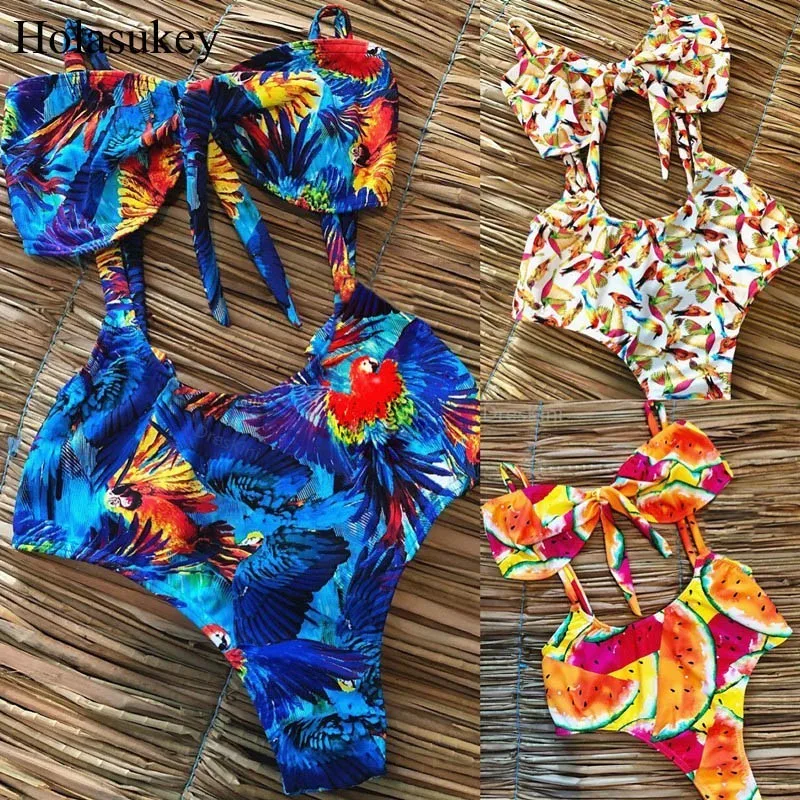 

HolaSukey Bowknot Bikinis Bandage Swimwear Print Animal Swimsuit Bathing Suit One Piece Beachwear 2019 Sexy Women Bodysuit