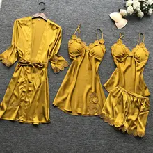 Pijama feminino, jogo 4 pçs pijama de cetim com rendas de alta qualidade com bojo