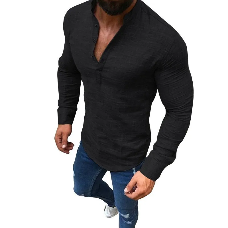 Moomphya Henry collar men shirt Long sleeve shirt men Streetwear solid color slim fit mens shirts camisa masculina