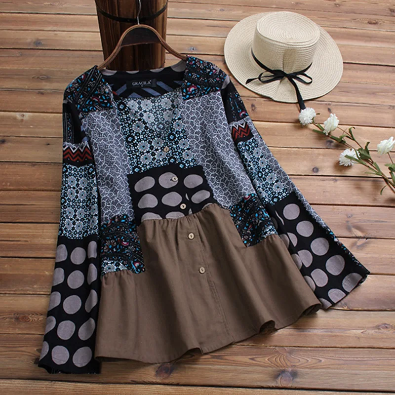 

Spring Vintage Print Blouse Women V Neck Long Sleeve Tunic Tops Plus Size Shirts Female Chemise Casual Cotton Linen Blusas