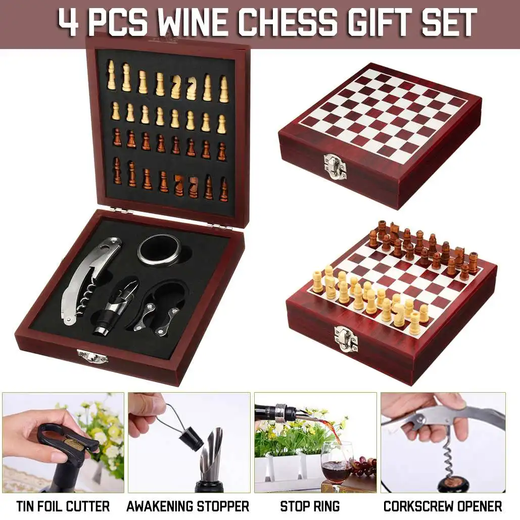 

4pc/set Wine Opener Tool Set Corkscrew Pourer Bottle Opener Cork Bottle Opener Kit with Chess Gift Box Accessory home visit gift