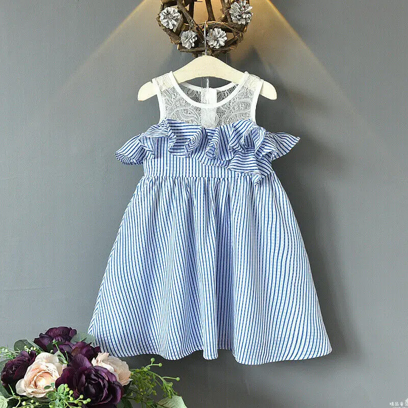 

2019 Summer Toddler Kids Baby Girl Dress Sleeveless Lace Ruffles Strip Princess Girls Summer Dresses Sundress Clothes
