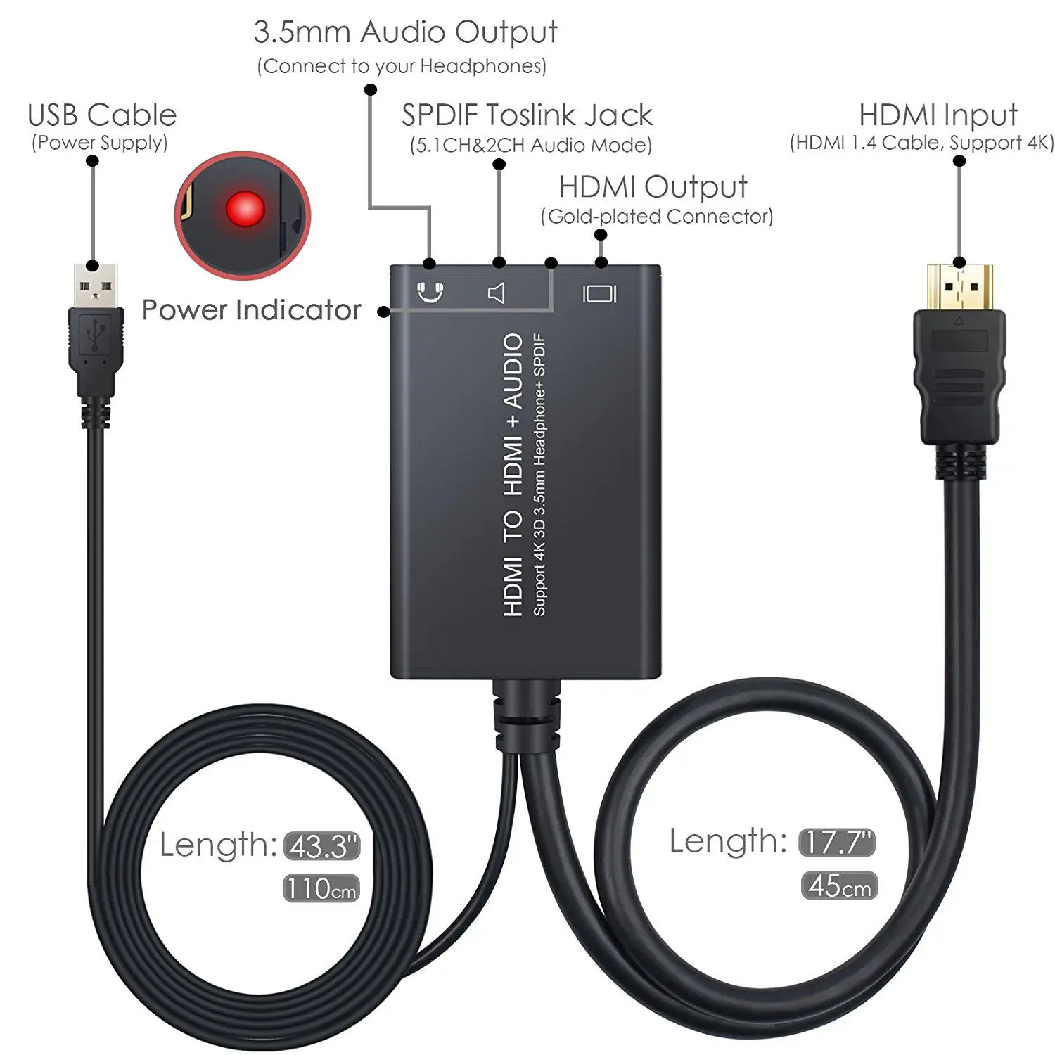 4K HDMI Audio Extractor HDMI to HDMI and Optical TOSLINK SPDIF+3.5mm Stereo Audio Extractor Splitter HDCP 1.4 DAC Digital to A