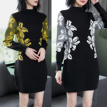 

Fashion Autumn And Winter New Pattern Long Printing Knitting Dress Woman