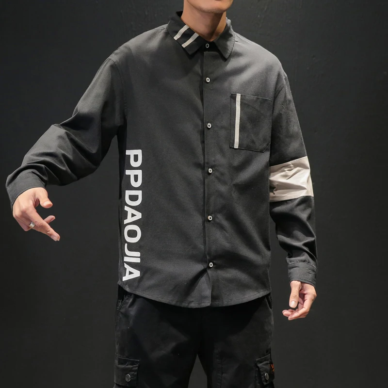 

Men's Shirt 2019 Spring New Print Stitching Buttons Lapel Loose Long Sleeve Fashion Casual Shirt Youth Vibrant Menswear