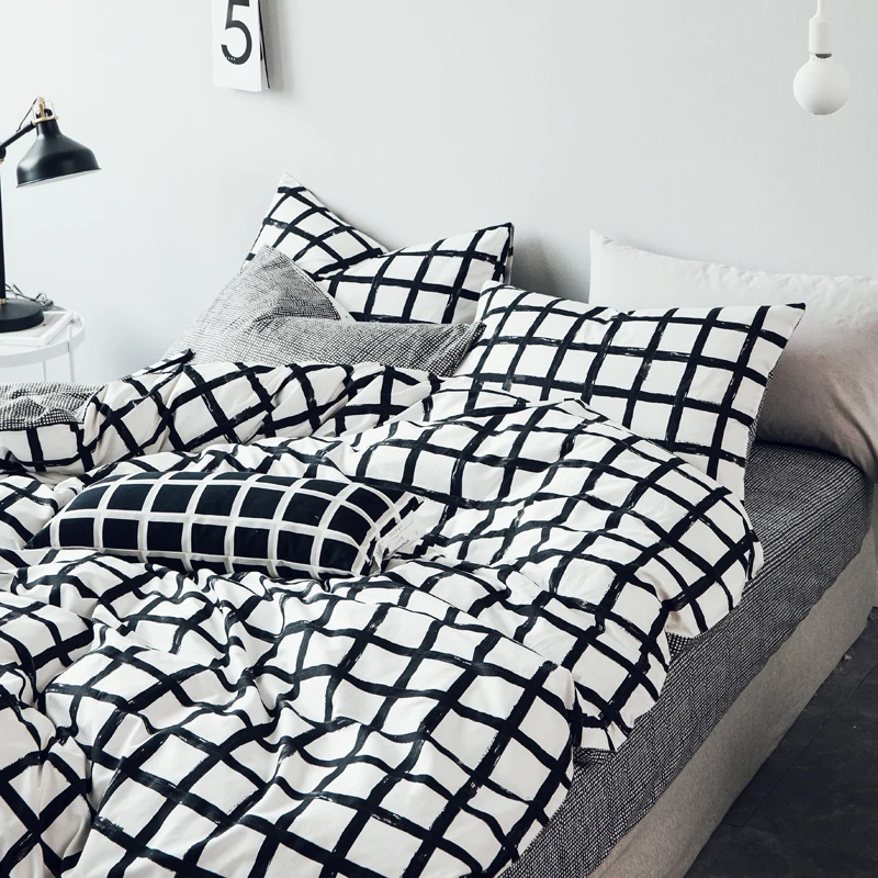 Simple 100 Cotton The Letter Printing Grid Stripes Duvet Cover