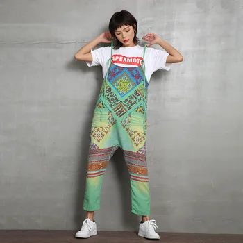 

Wide Leg printed Bib Overalls Women Strap calf-Length pants Boyfriend Low Drop Crotch Playsuits Summer Vintage Harem Jumpsuits
