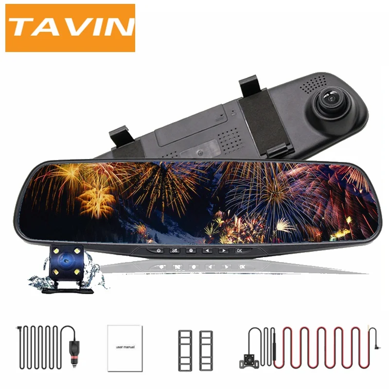 TAVIN Car dvr Full HD 1080P Dash cam 4.3 inch Rearview mirror camera Video Recorder Dual lens Registratory Camcorder autocamera