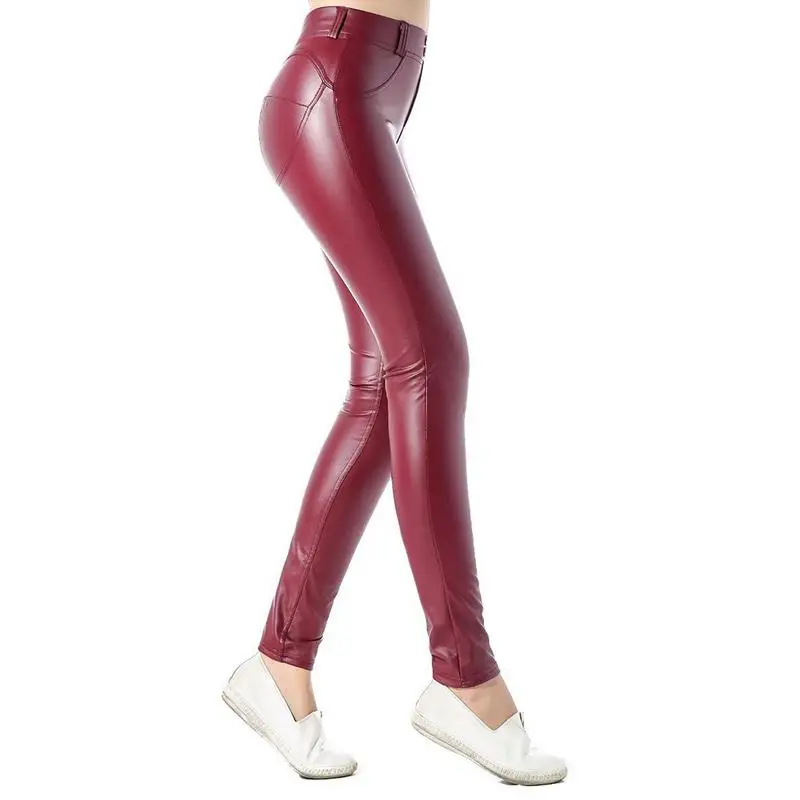 2019 кожаные штаны Для женщин Высокая талия эластичные тонкие брюки Повседневное уличный стиль спортивные штаны карандаш брюки плюс Размеры