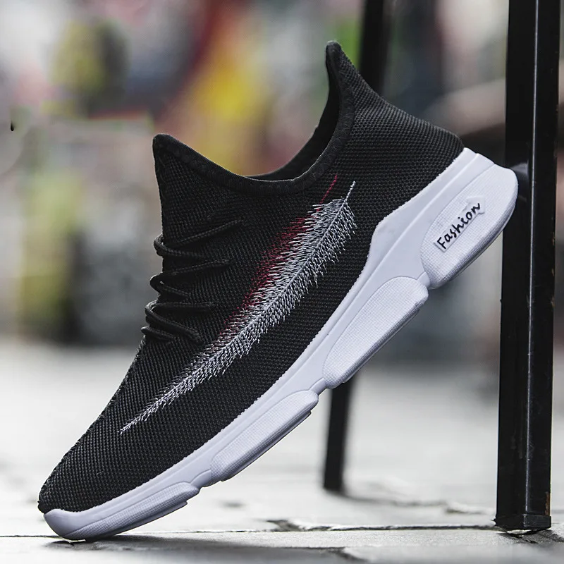 Men Casual Shoes Men Mesh Light feather embroidery black Sneakers Breathable Elastic band Walking shoes Zapatillas de deporte