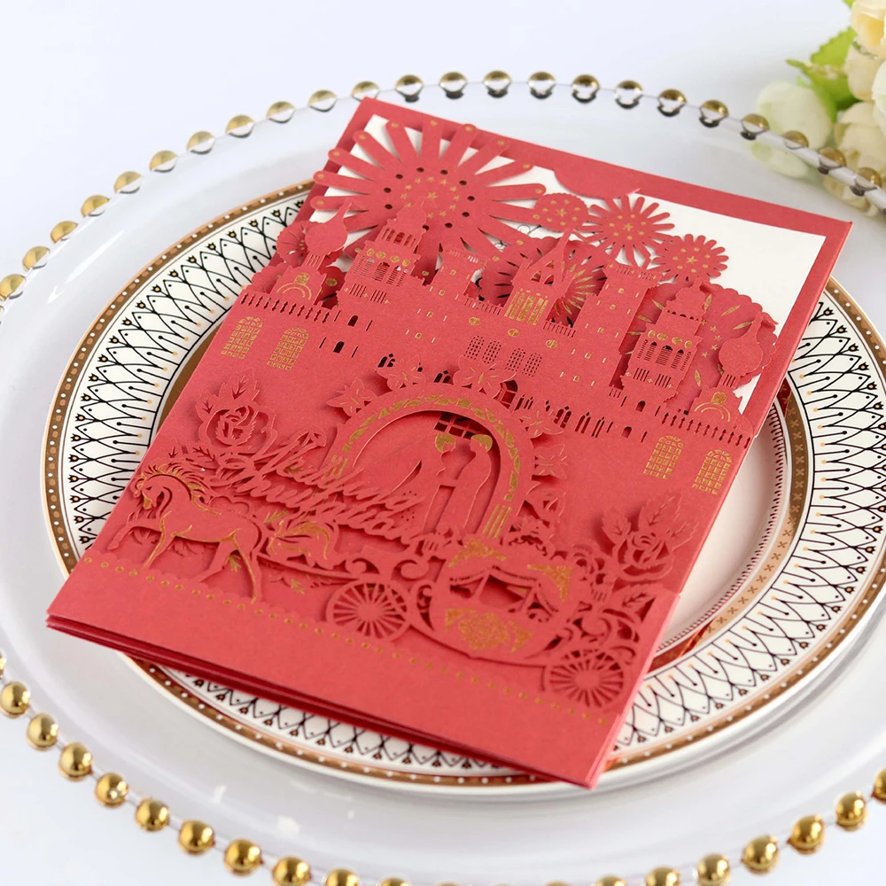  10pcs/lot Wedding Invitations Cards Laser Cut Castle Greeting Card Event Party Supplies 3 Colors Ho - 32997717227