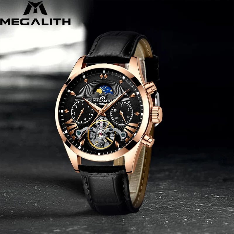 

MEGALITH Men Watches Automatic Mechanical Watch Fashion Business Watch Men Black Leather Waterproof Sport Male Wristwatches