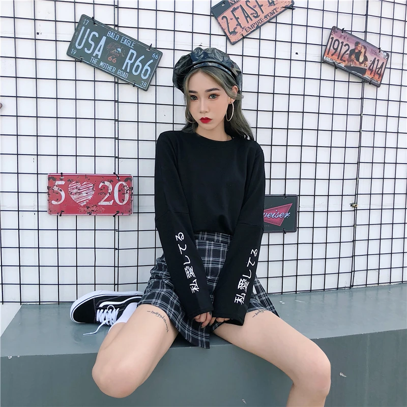 

Lychee Girls Crew Neck Long Sleeve Streetwear Dreamcatcher Japanese Print T-shirts Off Shoulder Split Women T Shirts Top Tees