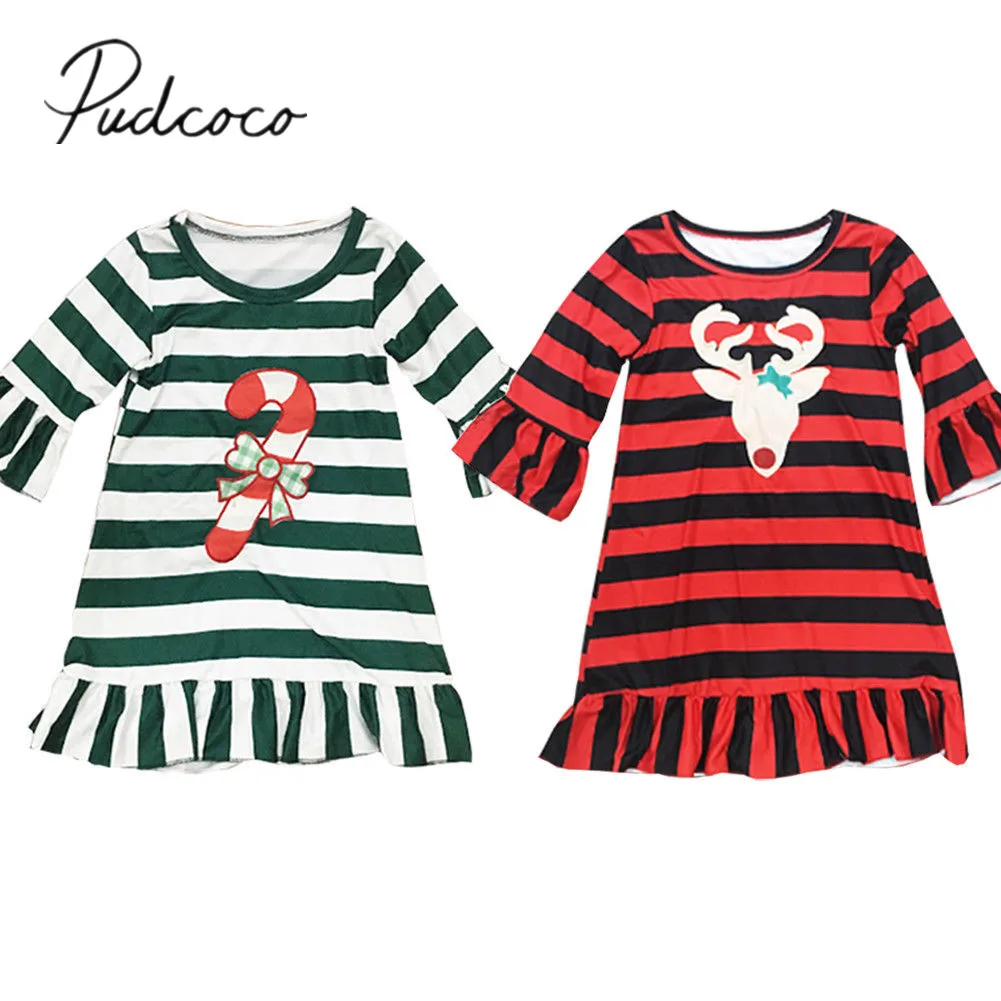 

2019 Brand New Toddler Kids Baby Girls Christmas Party Dress Deer Print Striped Ruffles Flare Long Sleeve A-Line Dress 1-6T