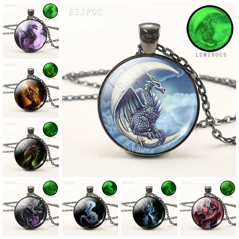 

Dragon Pendant Luminous Necklace Fashion Dragon Glass Dome Black Chain Necklace Glow In The Dark Jewelry Handmade Gift for Men
