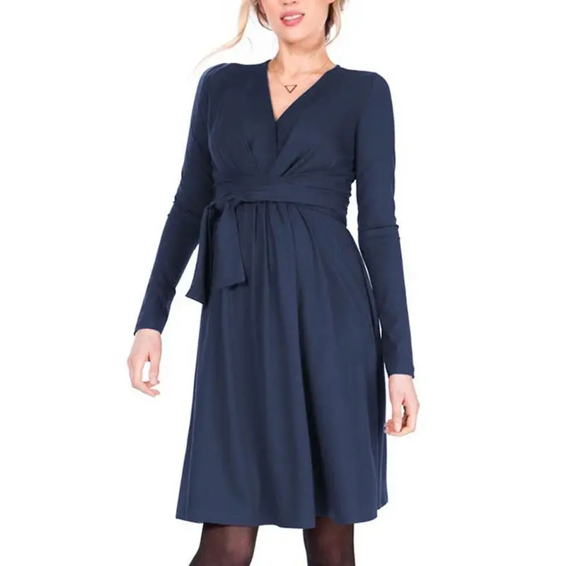 

Maternity Nursing Dress European And American Style Breastfeeding Dress Fashionable Long-Sleeve Cross V-Neck Maternity Dress