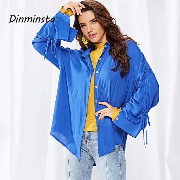 

Dinminsta New Spring Women Vintage Elegant Blue Shirt Botton Lace Up Full Sleeve Casual Office Blouse Female Tops Streetwear