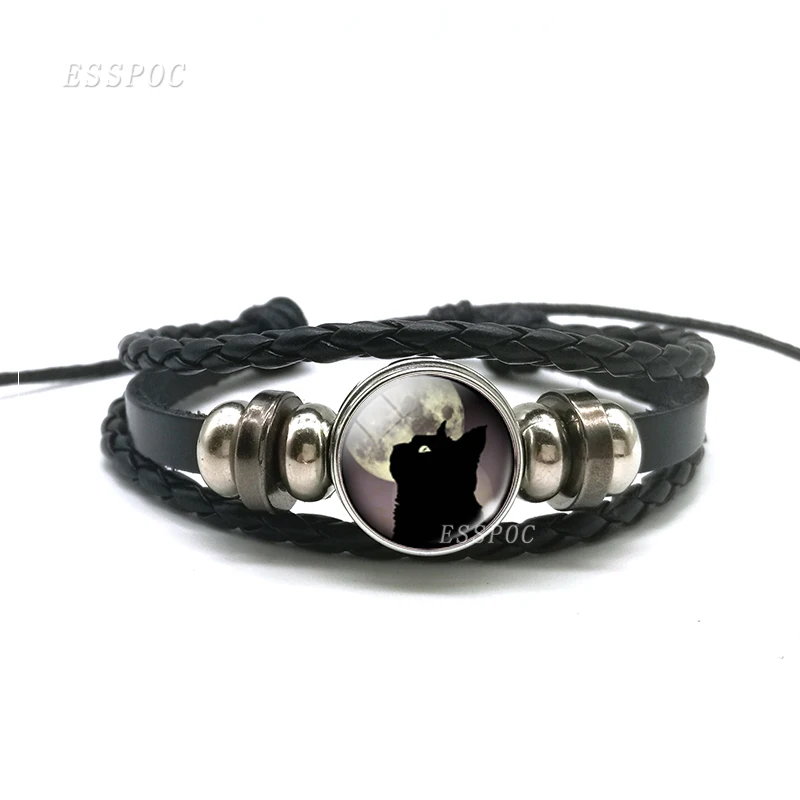 Черный кот светящиеся глаза полная луна Круглое Стеклянное изображение животных DIY тканый кожаный браслет кулон Модные ювелирные аксессуары Подарки