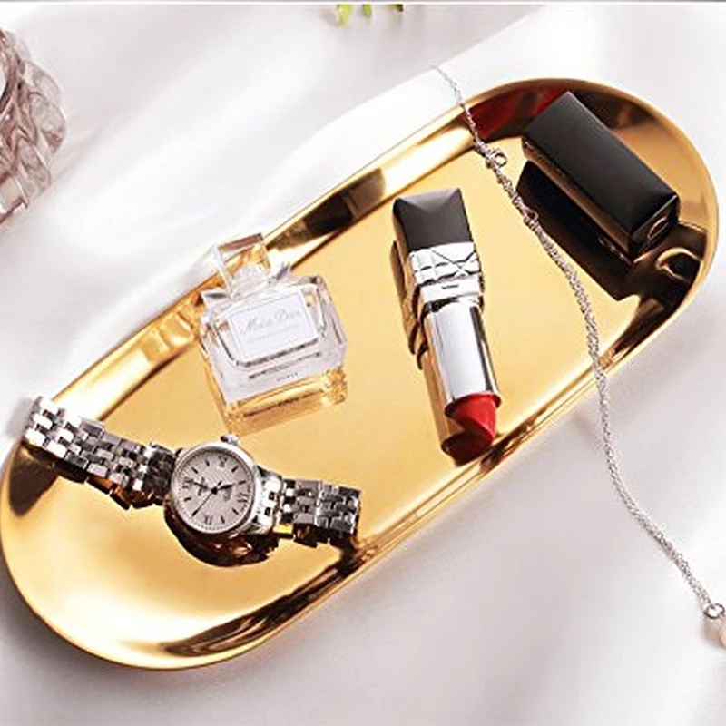 

Nordic Style Modern Metal Storage Trays Gold Silver Ellipse Tray Stainless Steel Jewelry Receive Tray Dessert Dish Plate Decor