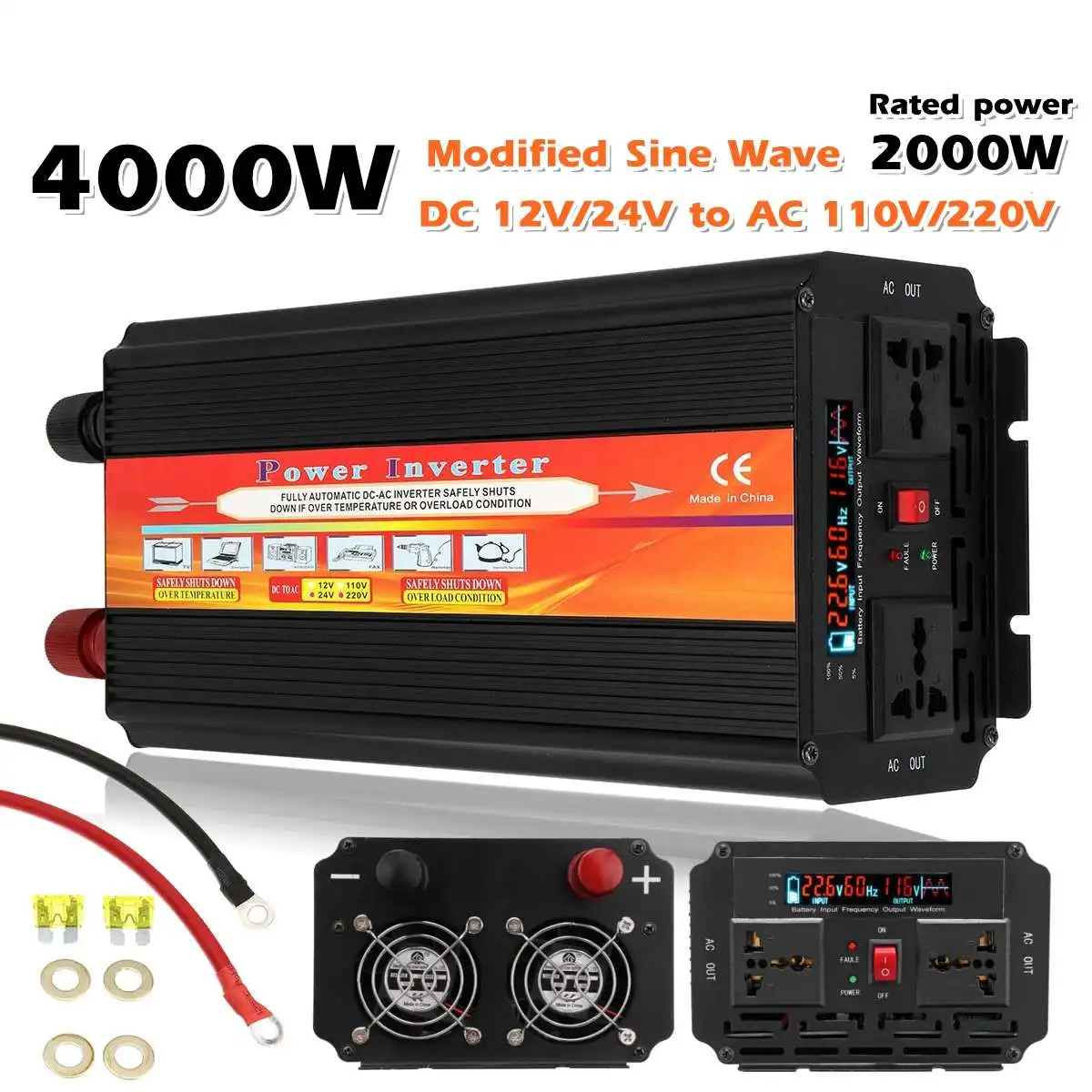 

Solar Inverter 12V 220V 2000W 4000W Pe ak Power Voltage Converter Transformer DC 12V/24V AC 110V Modified Sine Wave LCD Inversor