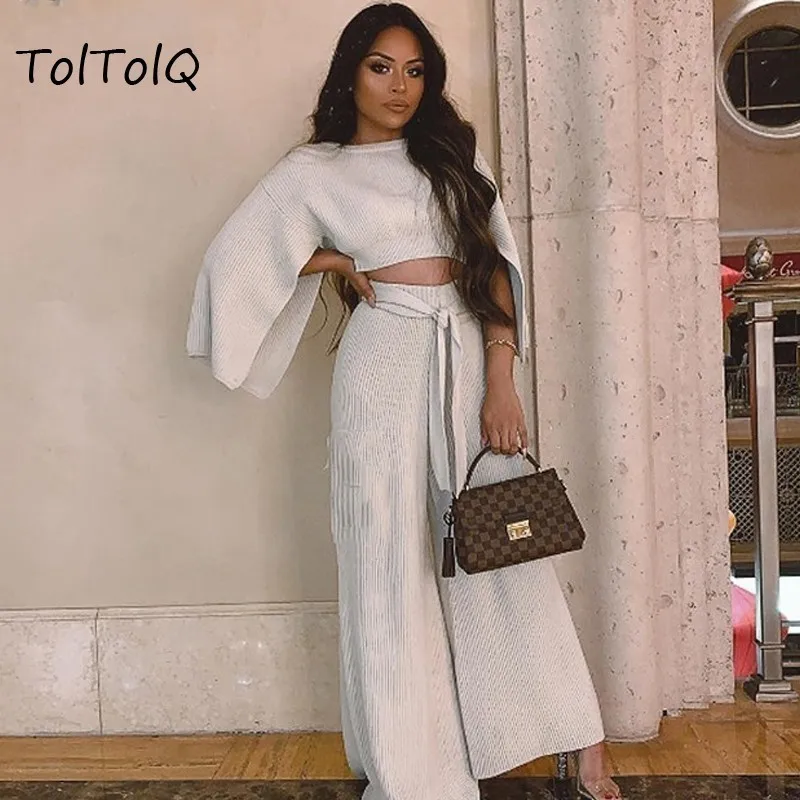 2019 сексуальный трикотажный свитер из двух частей Костюм Уличная футболка с