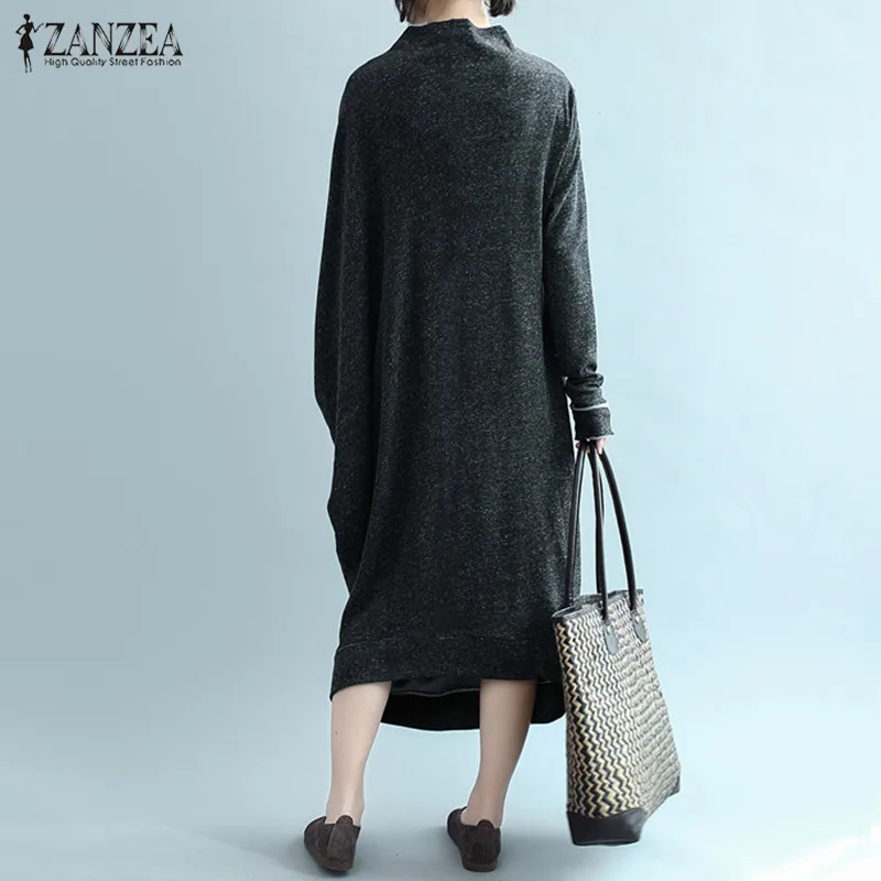 ZANZEA 2019 طويلة Battwing كم ماكسي اللباس المرأة الصلبة يا الرقبة طويلة تونك Vestido رداء فام الإناث عارضة المتضخم فساتين 5XL