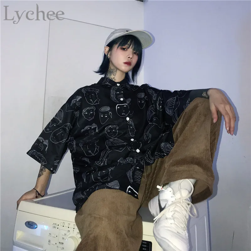 Lychee уличная свободная летняя Весенняя женская рубашка с принтом лица блузка