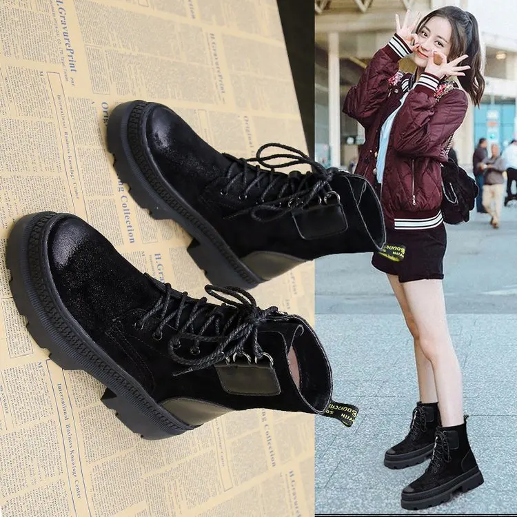 

Ankle Round Toe Med Women Boots Fashion Solid Punk Motorcycle Boots Casual Lace Up Shoes