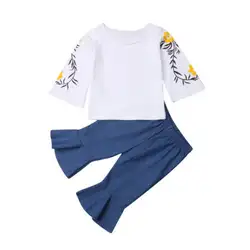 Коллекция 2019 года, комплект одежды для маленьких девочек, комплект из 2 предметов, футболка с длинными рукавами и цветочным принтом, штаны с