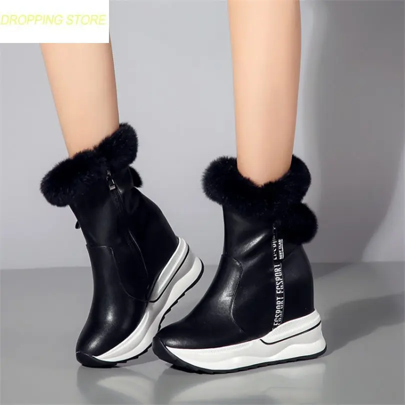 

Winter Warm Shoes Women Cow Leather Round Toe Wedges Ankle Boots High Heel Rabbit Fur Platform Pumps Punk Sneakers