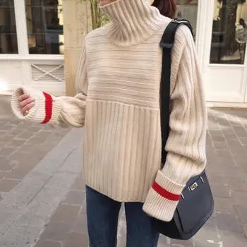 

2018 winter Solid color stripe turtleneck sweater thickening womens sweaters and pullovers womans