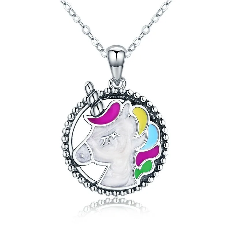 

925 Sterling Silver Pendant Unicorn Memory Colorful Enamel Necklaces for Women Silver Necklace Jewelry Gift SCN266