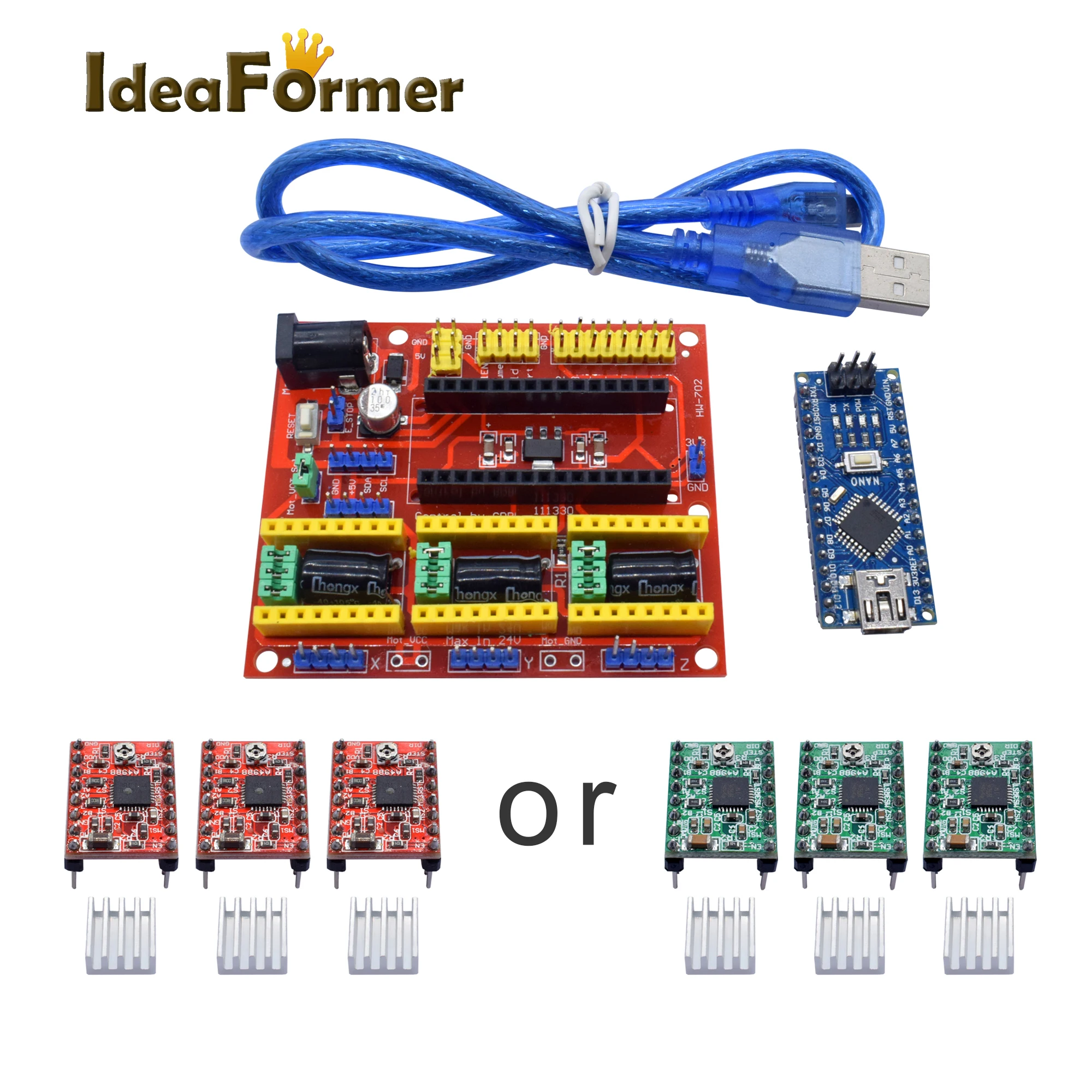 

3DV4 CNC Shield V4 + Nano 3.0 + 3pcs A4988 Red or Green Reprap Stepper Drivers Set For Arduino