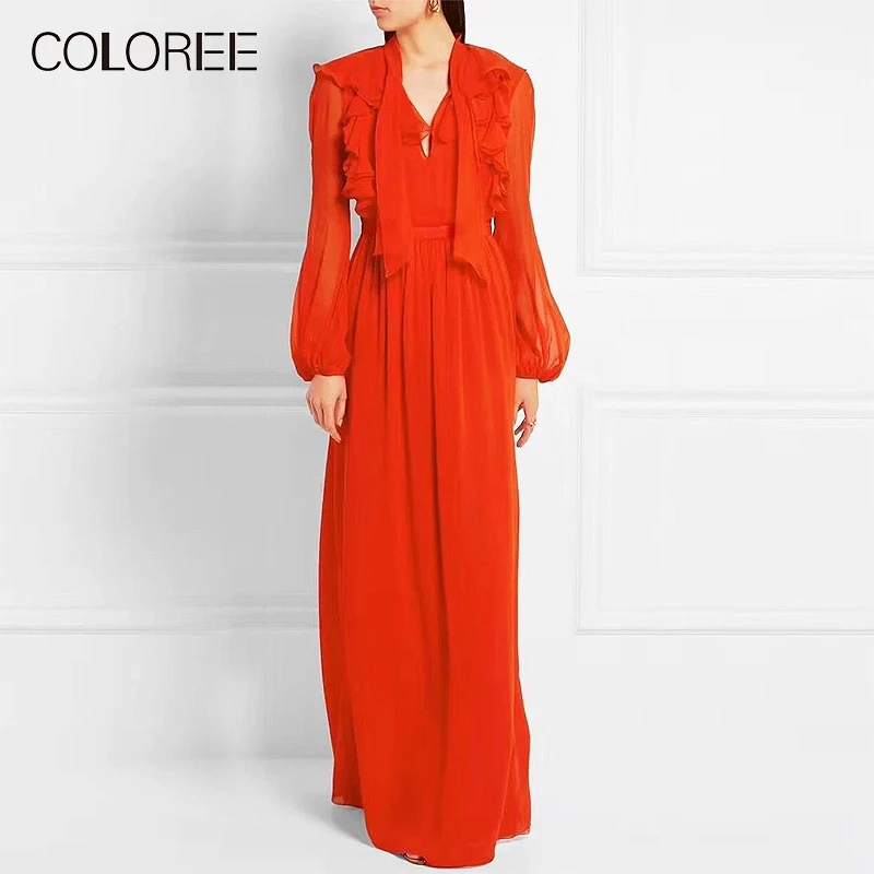 Fashion Designer Runway Jurk Womens 2019 Lente Boho stijl Lange mouw Boog kraag Ruches Party Elegante Maxi Chiffon Jurken Fashion Designer Runway Jurk Womens 2019 Lente Boho stijl Lange mouw Boog kraag Ruches Party Elegante Maxi Chiffon Jurken