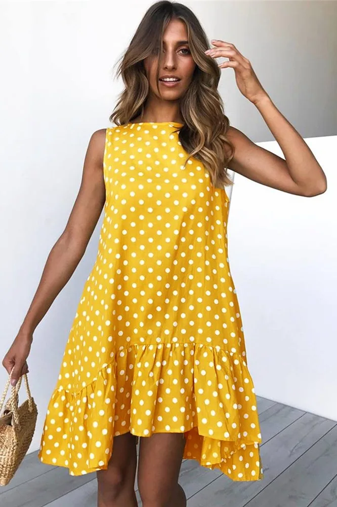 

2019 summer new round neck sleeveless wave point loose big swing lotus leaf dress ladies beach dress