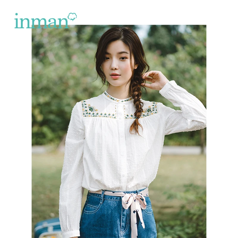 

INMAN 2019 Spring New Arrival Stand up Collar Literary Embroidery Retro Casual Long Sleeves Women Shirt