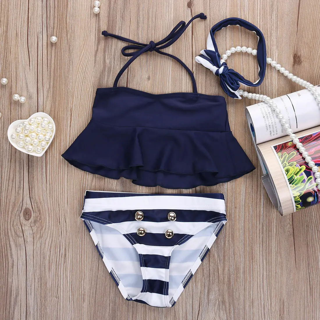 

3pcs Girls String Bikini Suit Outfits Navy Striped Headband Swimsuit Swimwear Bathing Beach Swimming Clothes Swimmer