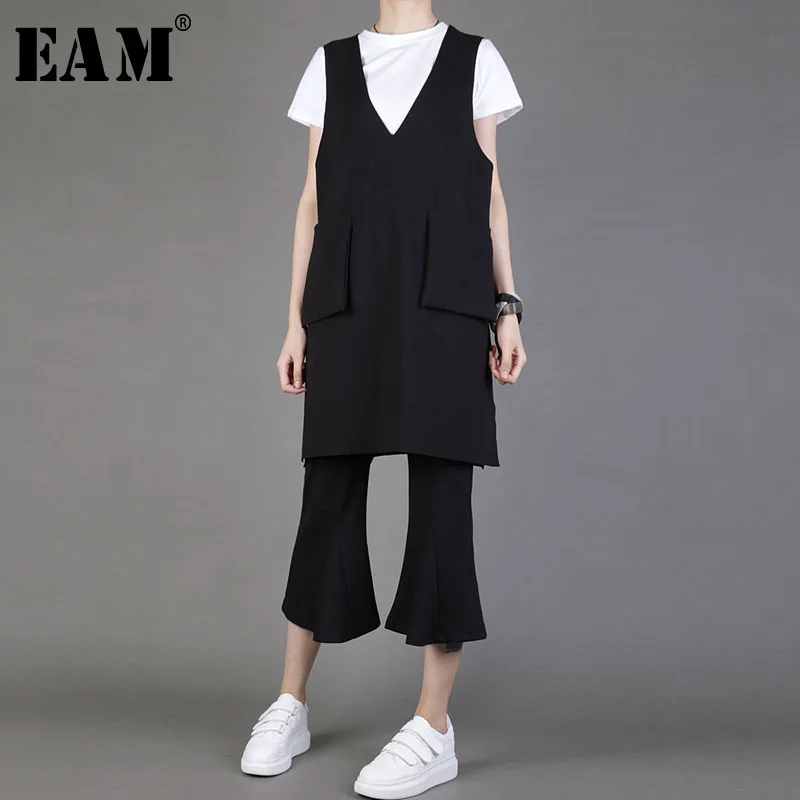 

[EAM] 2019 New Spring Summer V-collar Sleevless Black Brief Pocket Split Joint Loose Long Vest Women Fashion Tide JH053