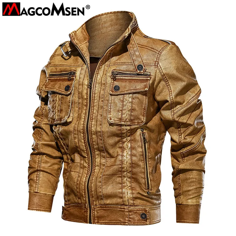 

MAGCOMSEN Leather Jacket Mens Vintage Motorcycle Biker Faux Leather Jacket Coat Windproof Warm Winter Pilot PU Leather Jackets