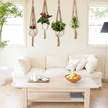 

4Pcs Macrame Plant Hanger,Indoor Outdoor Hanging Planter Net Basket Cotton Rope With Beads For Succulents, Cacti, Herbs, Small