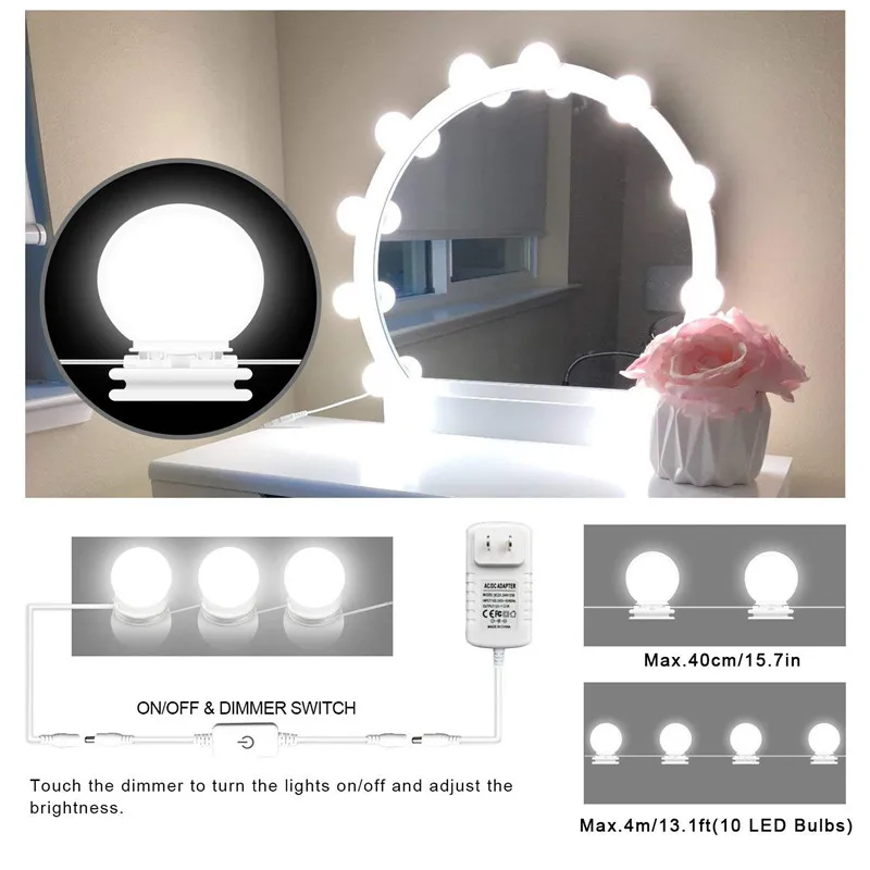 LED Vanity Mirror Lights with Dimmable 10LED Bulbs with Power Supply 4M Lighting Fixture Strip for Makeup Dressing 6500K-7000K