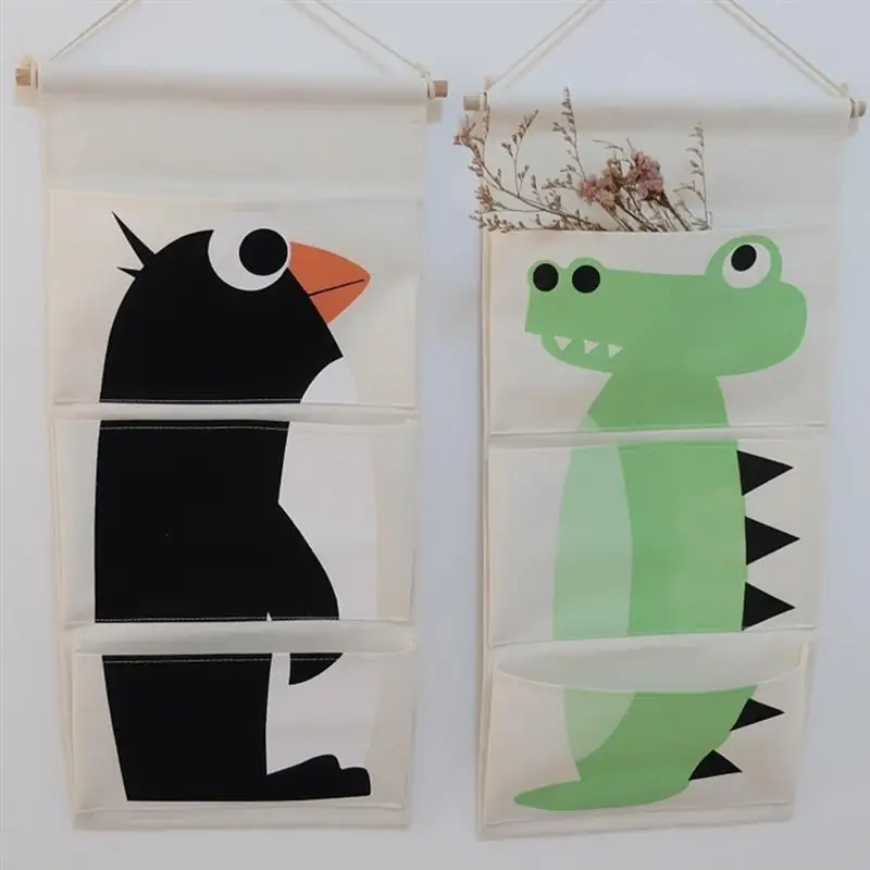 1 pc Hanging Storage Bag Cotton and Linen Cartoon Penguin Door Wall Pockets Sundries Organizer for Living Room Bedroom Bathroom