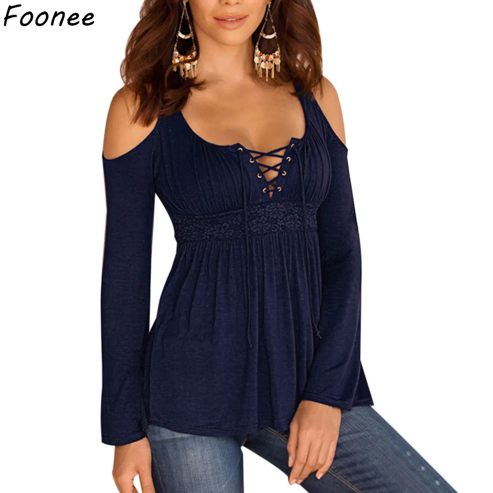 

2019 New Fashion Casual Blouse Cold Shoulder Solid V Neck Lace Up Women Sexy Casual Long Sleeve Tops Blouse Plus Size 5XL Shirts