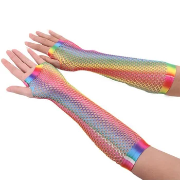 

Womens Girls Hollow Out Holes Gloves Rainbow Printed Fingerless Mesh Net Fishnet