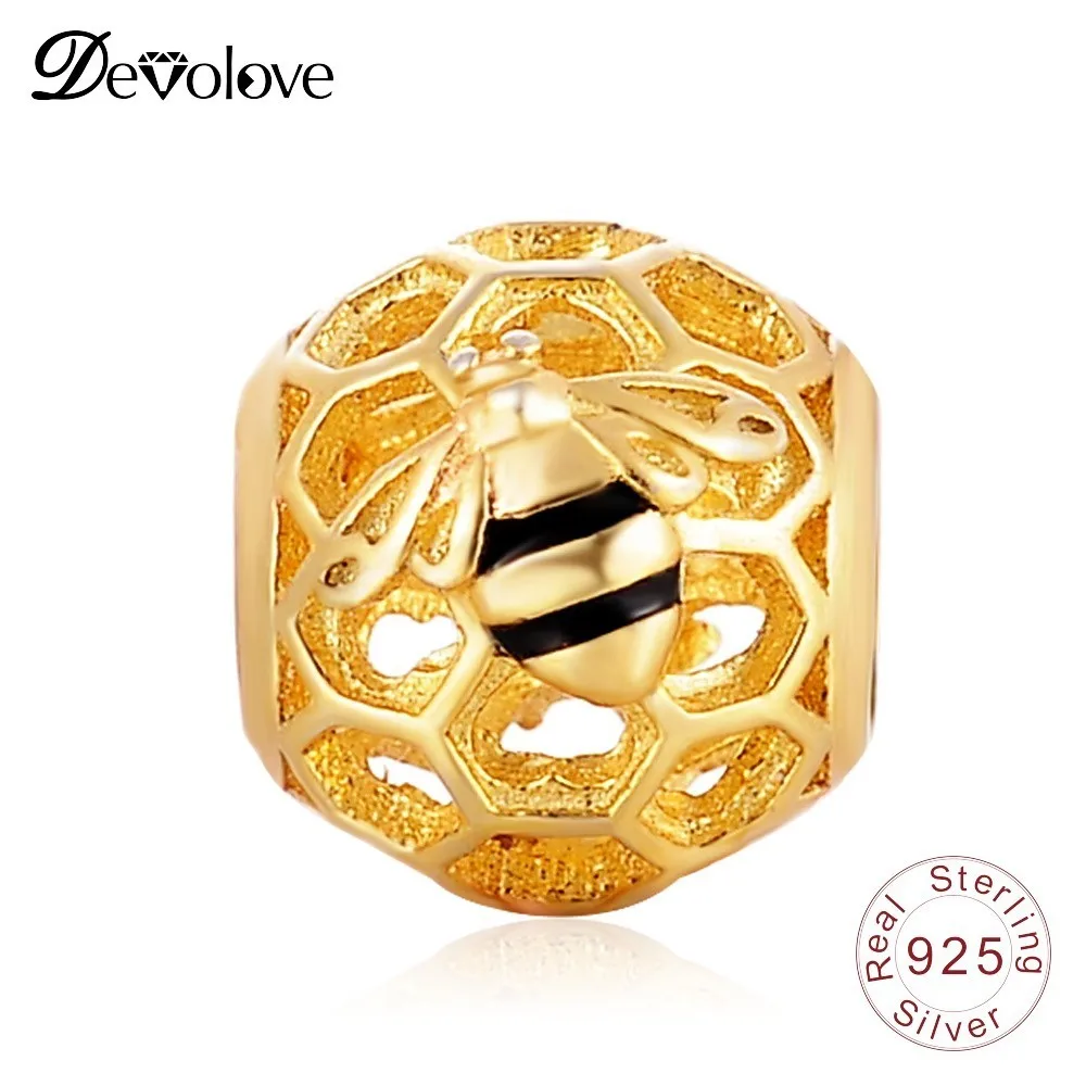 

Devolove Shine Honeybee Charm Gold Color Bee 925 Sterling Silver Beads Fine Jewelry Fit Original DIY Bracelet Gifts for Women