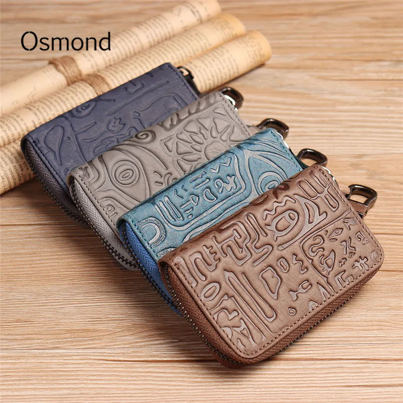 

2018 Genuine Leather Key Wallets For Men Women Retro Embossed Car Key Bag Card Holder Fashion Housekeeper Key Case Male Keychain