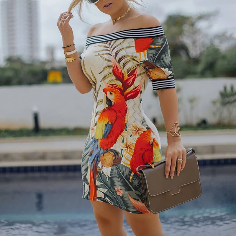 

2019 Summer Women Sexy Off Shoulder Bodycon Dresses Parrot Pattern Print Dress Elegant Ladies Short Sleeve Mini Party Dress