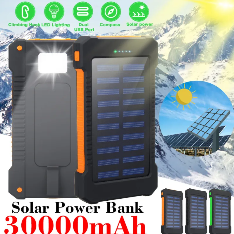 

Outdoor 30000mAh Solar Power Bank with LED Light Waterproof Solar Charger Ports External Charger Powerbank for Xiaomi Smartphone