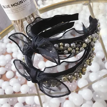 

Fashion Handmade Beaded Mesh Yarn Women Hair Bows Hairband Female High Quality Boutique Headband Temperament Hair Accessories